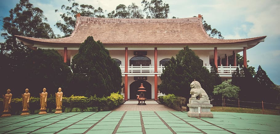 statues in front of temple, wide angle photo of brown concrete building HD wallpaper