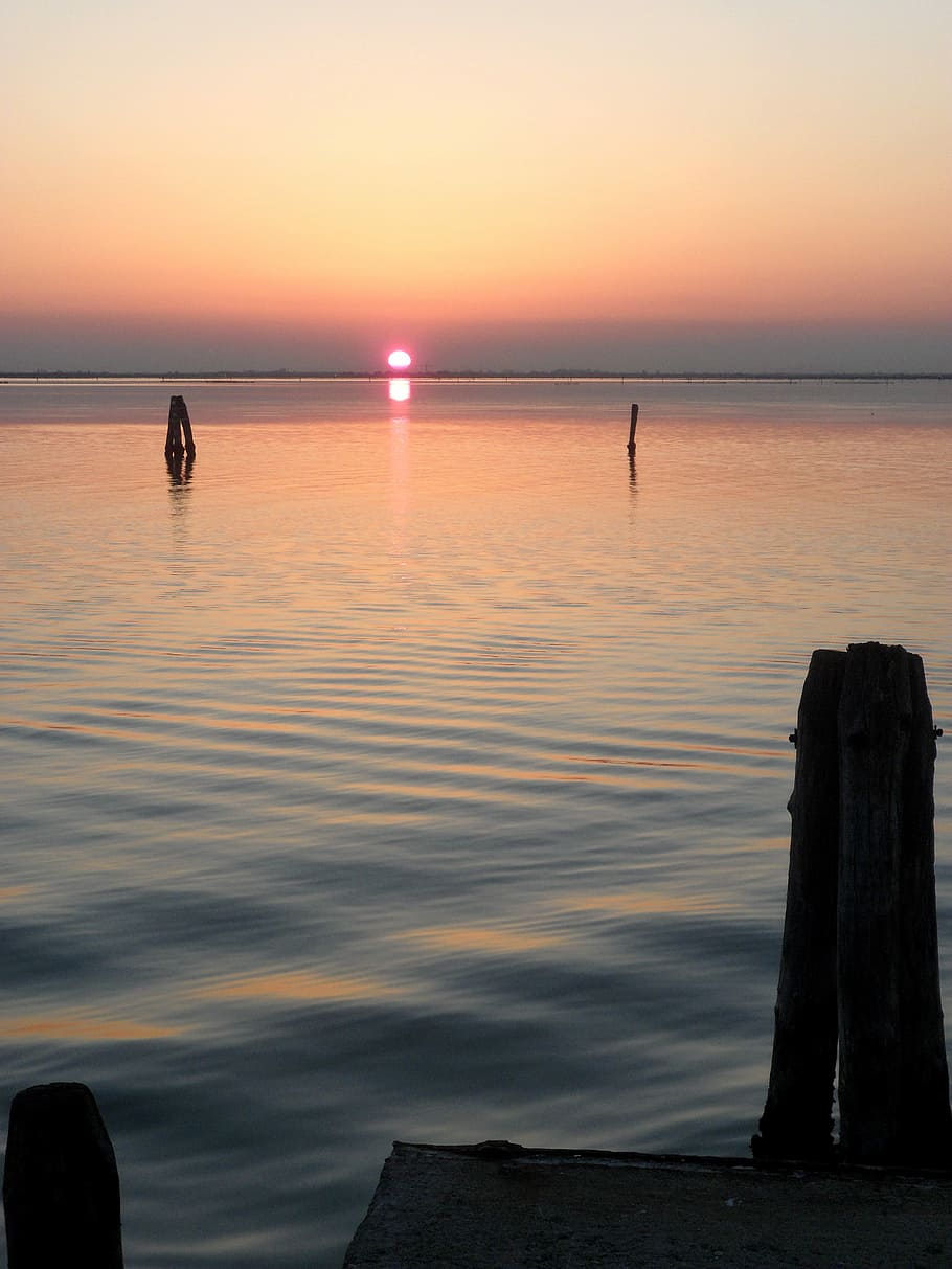 Sunset, Orange, Chievo, Venice, see, sea, beach, reflection HD wallpaper