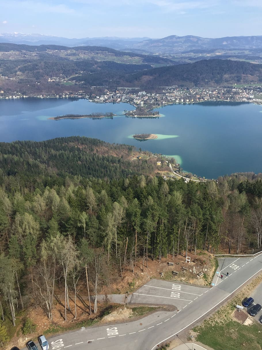 Carinthia, Lake, Tower, road, mountain, high angle view, scenics HD wallpaper