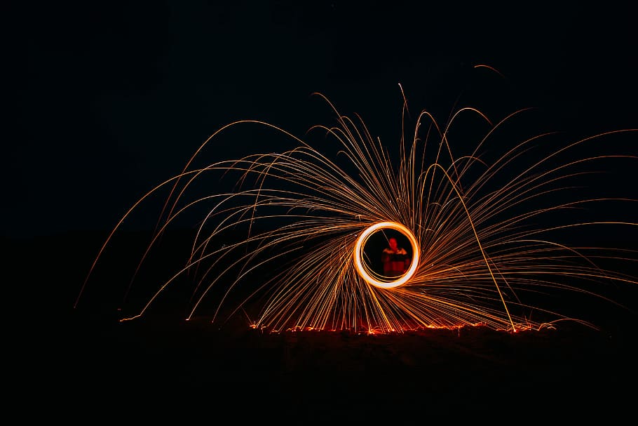 long, exposure, fire, dance, man, people, dark, night, beach HD wallpaper