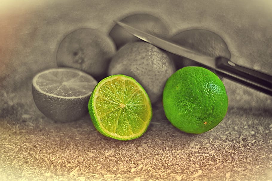 selective color photography of lemon and knife, lime, sour HD wallpaper