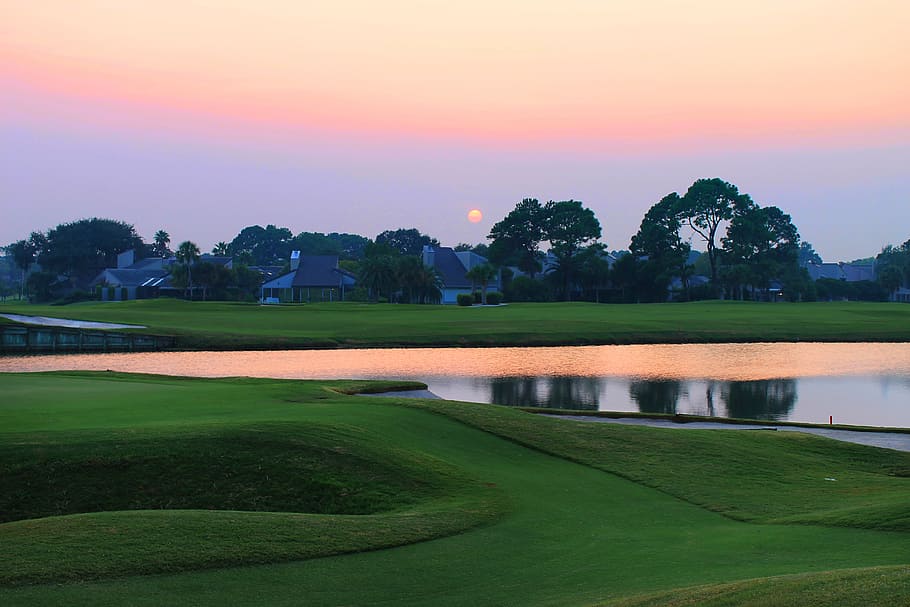 green grass field near pond during daytime, sunset over the golf course HD wallpaper