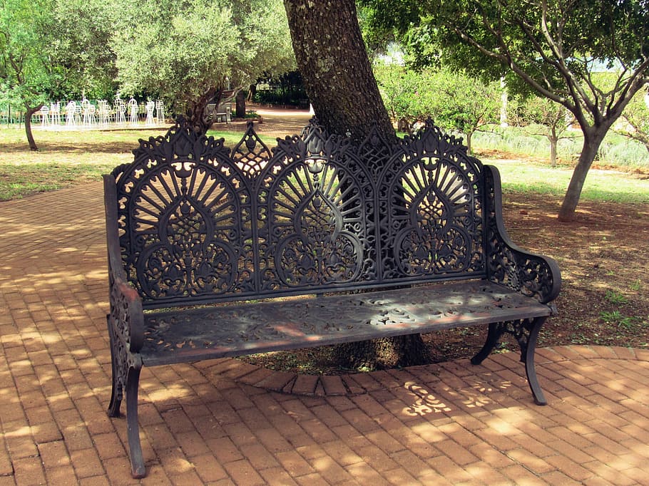 bench, tree, garden, rest, paving, iron, nature, green, park HD wallpaper