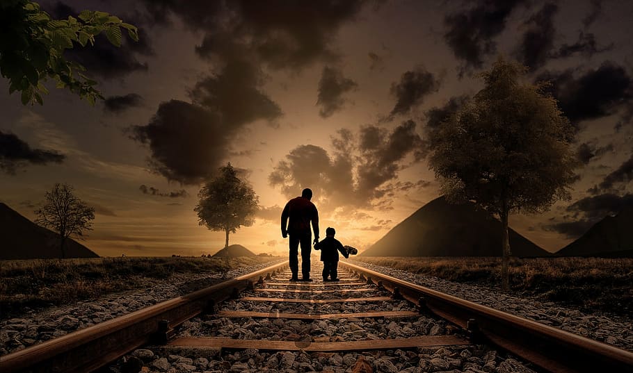 silhouette photo of two person walking on train rail during golden hour, HD wallpaper