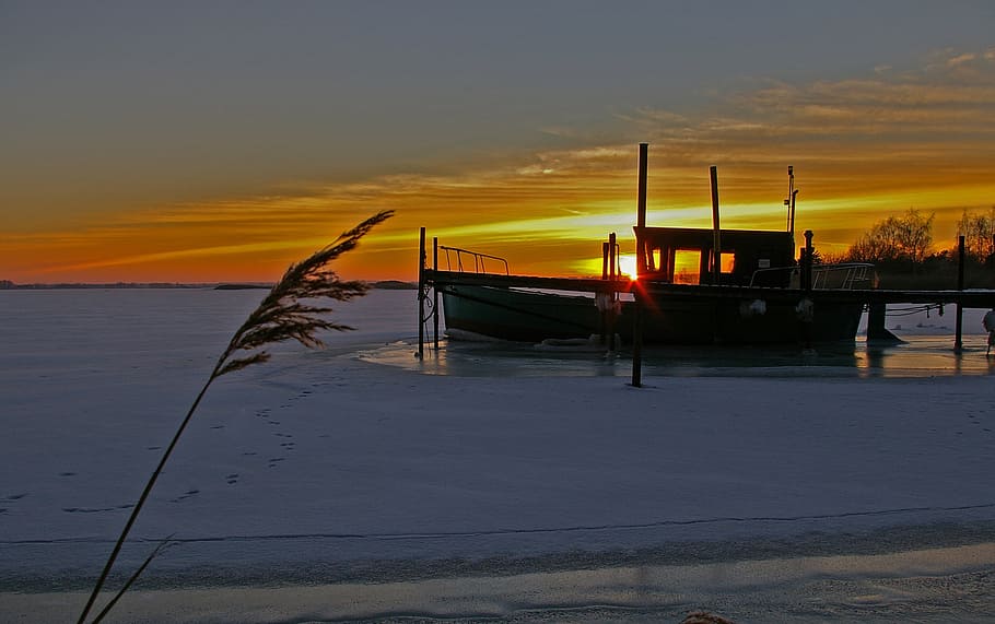 sunset, winter evening, ice, frozen, frost, winter magic, cold HD wallpaper