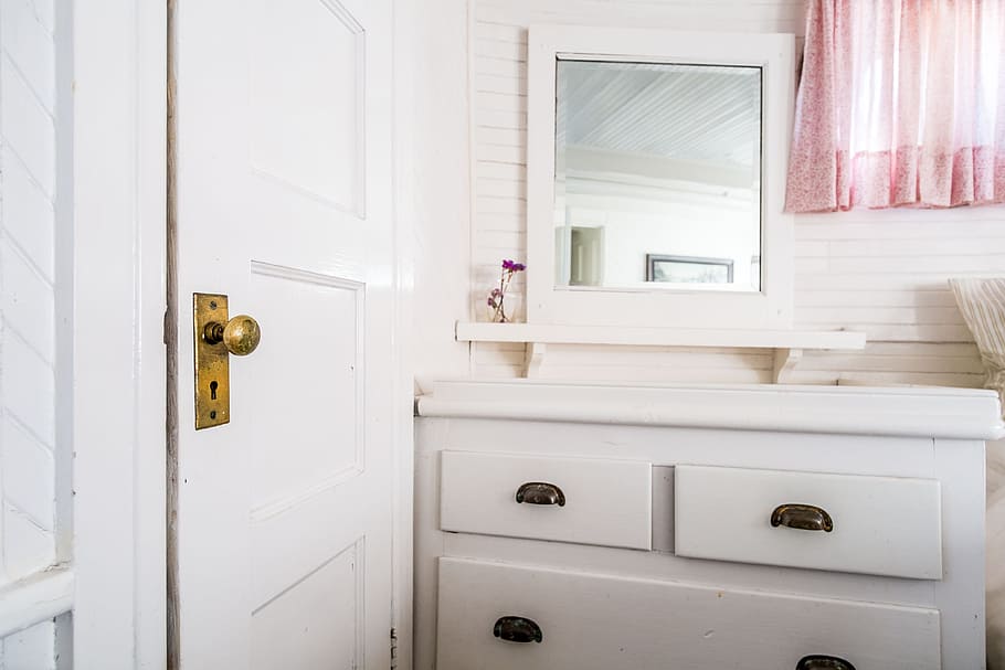 white wooden door near wooden dresser, brown wooden dresser with mirror near the door HD wallpaper