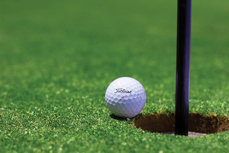 Titrist Golf Ball Near Golf Hole, club, competition, cup, field, HD wallpaper