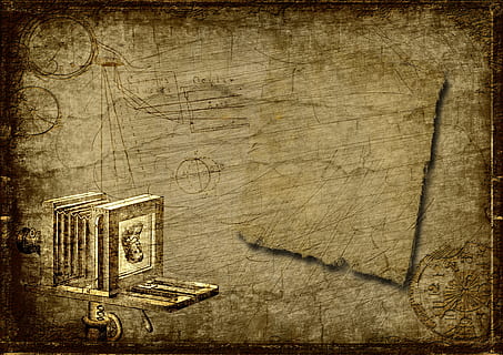 vintage camera wallpaper, steampunk, clock, photography, drawing HD wallpaper