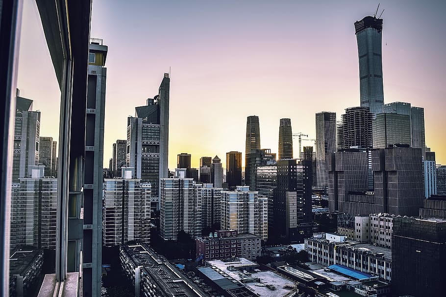 cityscape photography, aerial view of city during sunrise, reflection HD wallpaper