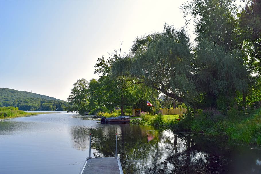 lake, sunrise, tree, dock, sunlight, water, landscape, nature HD wallpaper
