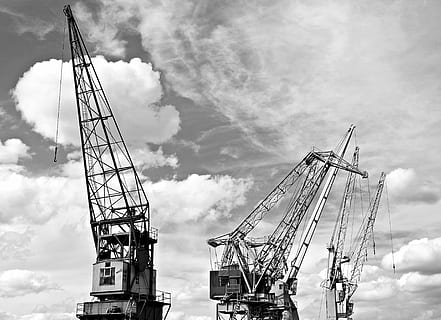 grayscale photography of industrial cranes, harbour cranes HD wallpaper