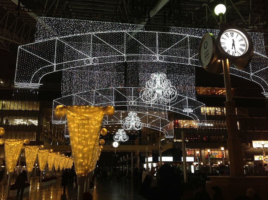 oil etc, light, osaka, clock, subway station, christmas, christmas celebration HD wallpaper