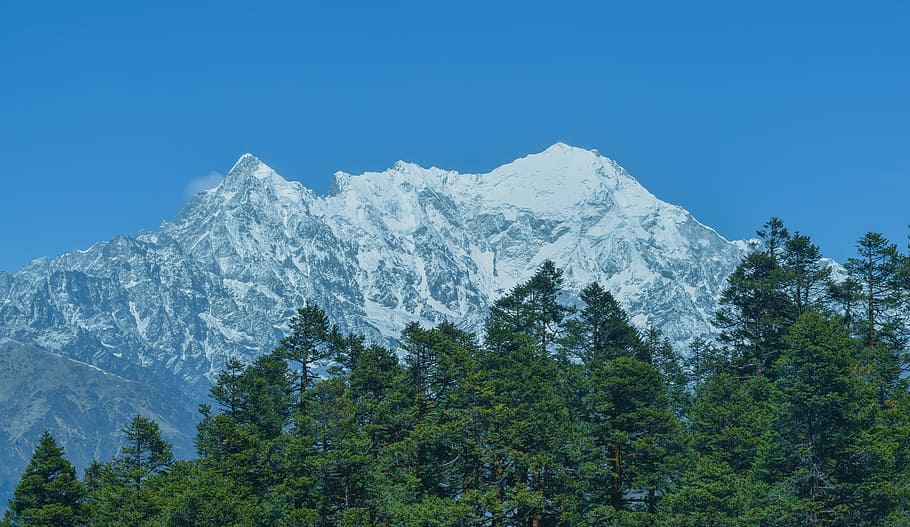 Mountain, White, Blue, Sky, Nature, landscape, snow, green HD wallpaper
