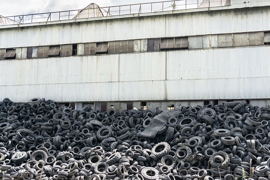 factory, tyres, garbage, dump, waste, wheels, metal, day, no people, HD wallpaper