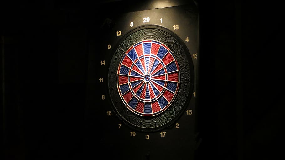 round black, red, and blue dartboard, target, darts, throw, sport