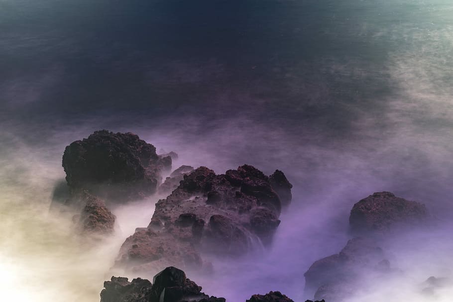 brown rock formation, aerial photography of ocean and rock, mountain HD wallpaper