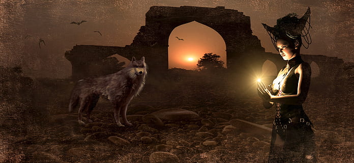 witch standing near wolf poster, fantasy, archway, mage, conjure HD wallpaper