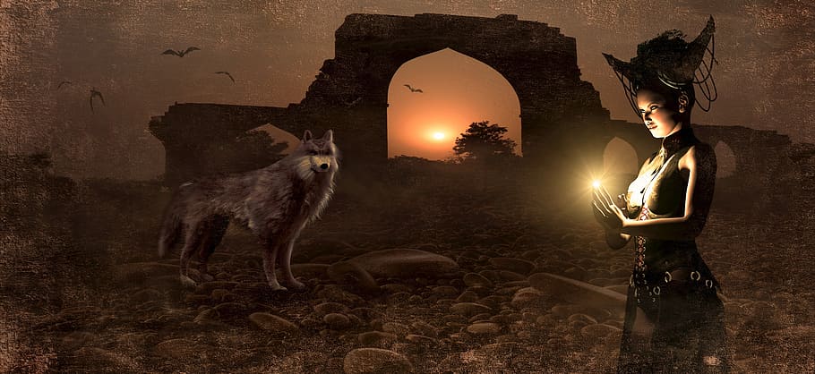 witch standing near wolf poster, fantasy, archway, mage, conjure HD wallpaper