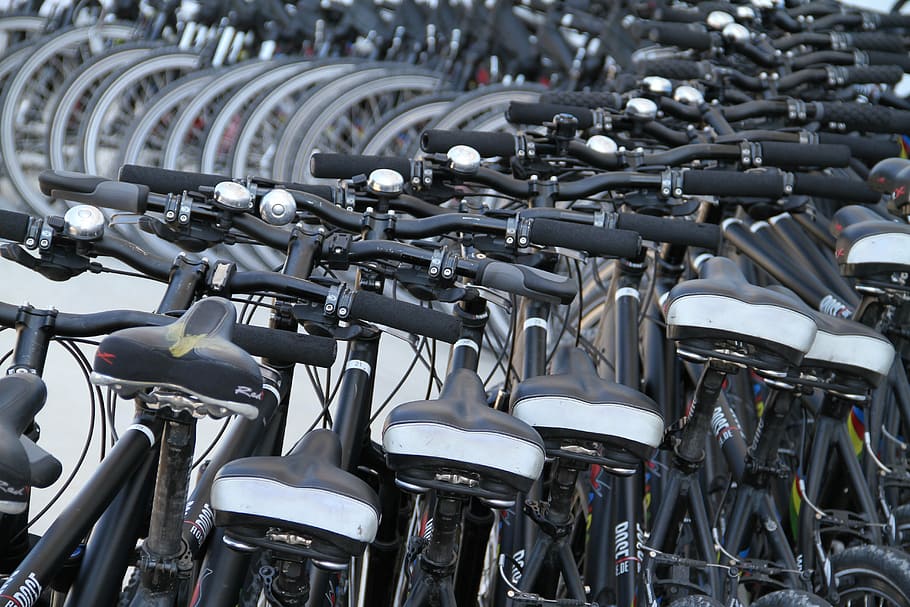 pile of black-and-white bicycles, wheel, wheels, biker, mountain bike HD wallpaper