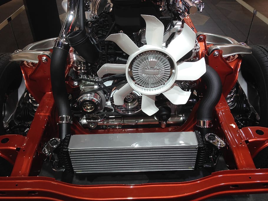 engine, car, automobile, red, machinery, mode of transportation HD wallpaper