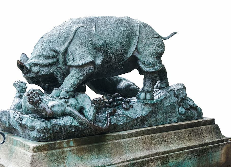 paris, sculpture, rhino, art, metal, lion, park, indian rhinoceros