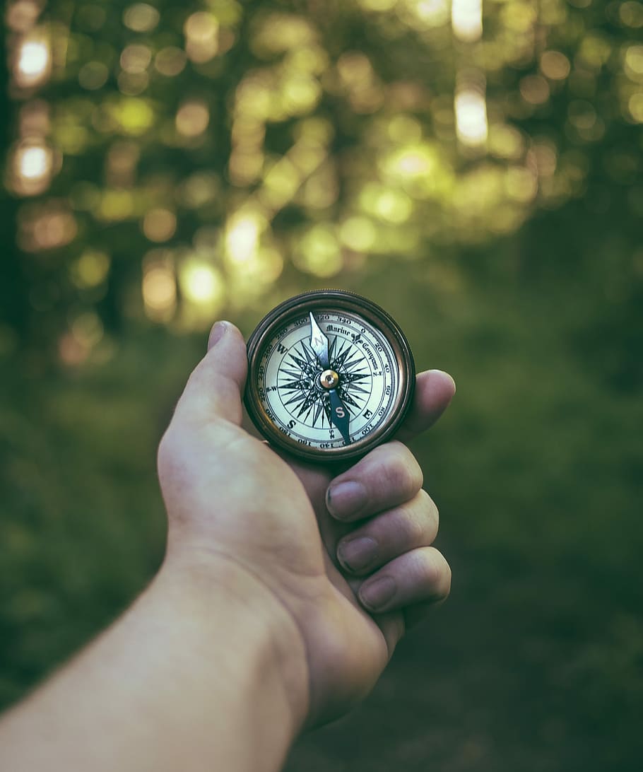 person holding compass, person holding gray and white compass HD wallpaper