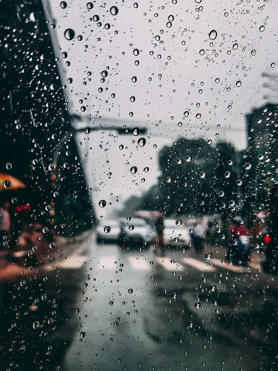 window dew drops, rain, gloomy, traff, road, car, urban, street, HD wallpaper