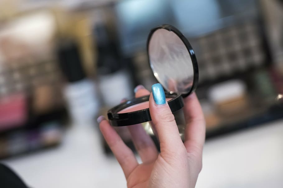 woman holding compact mirror, makeup, make-up, color, colour HD wallpaper