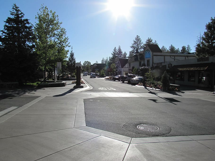 village square, town, road, intersection, sun, sky, view, street HD wallpaper