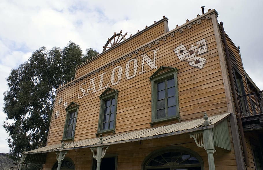 worm's-eye view of brown concrete house, saloon, bar, old saloon, HD wallpaper