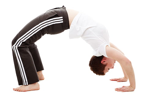 boy in white shirt and black track pants, back, bend, bridge HD wallpaper