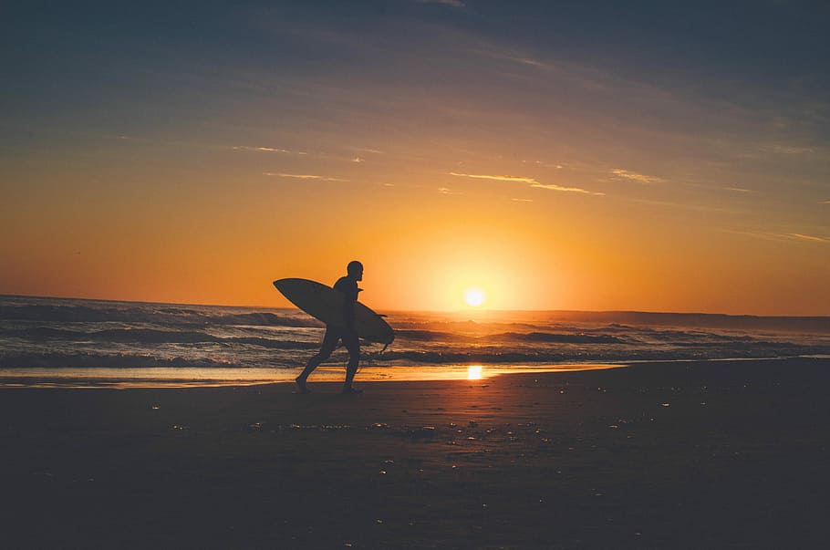 Online crop | HD wallpaper: silhouette of person holding surfboard near ...