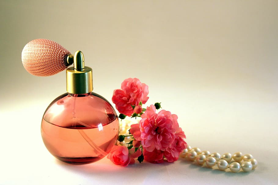pink glass fragrance bottle, perfume, roses, still life, glass bottle