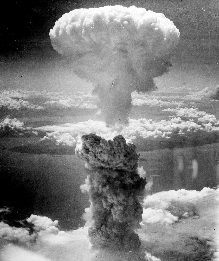 grayscale photo of mushroom cloud, atomic bomb, nuclear explosion