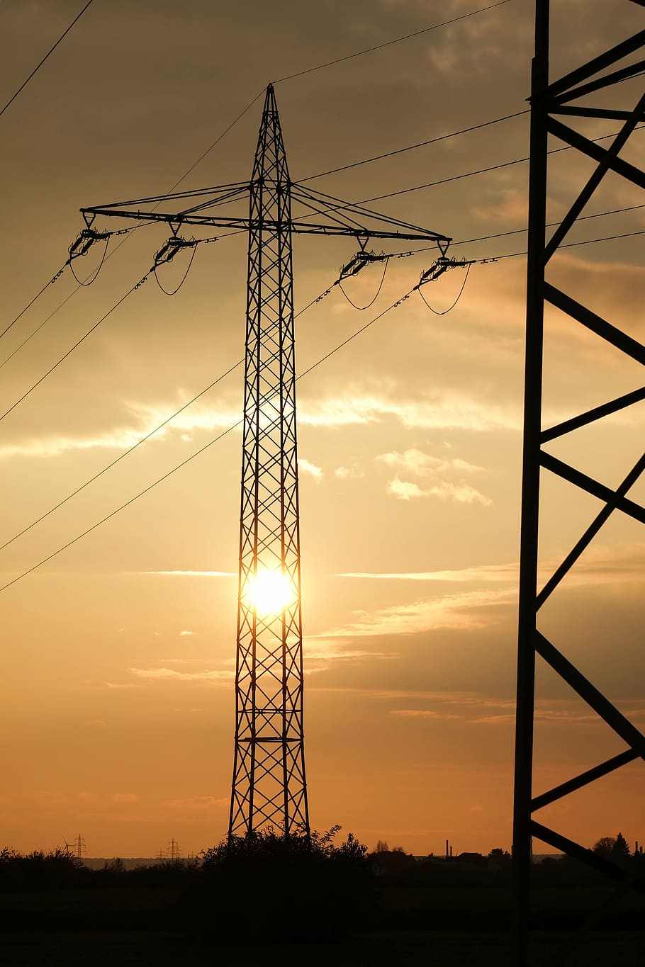 sunset, current, strommast, high voltage, steel, pylon, power line HD wallpaper