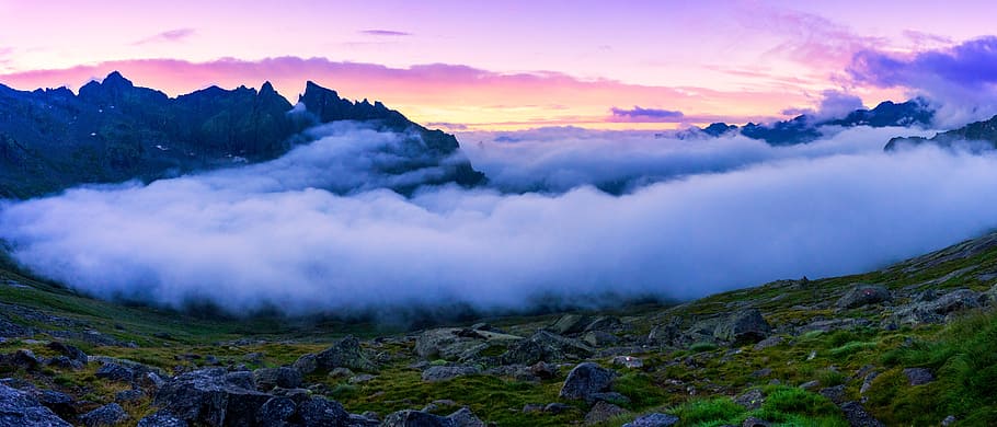 green, grass, rock, summit, peak, ridge, blue, sky, cloud, sunset HD wallpaper