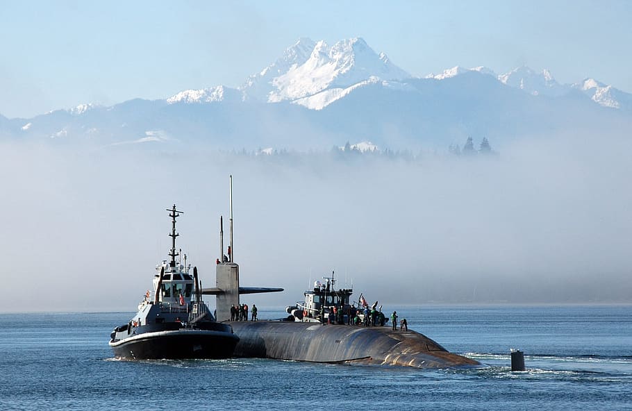 Submarine, Bangor, Washington, Mountains, snow, sea, ocean, HD wallpaper