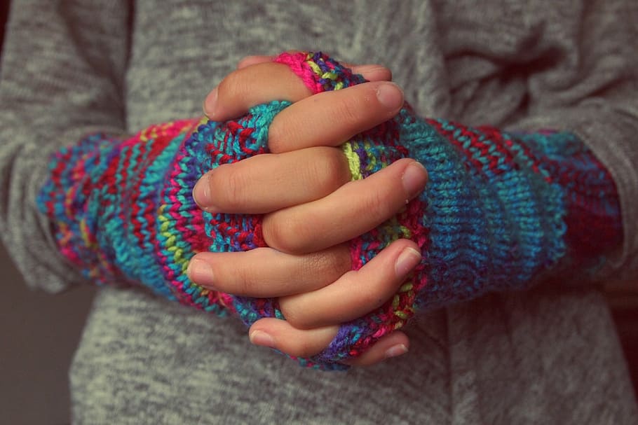 person wearing multicolored gloves, folded hands, fingers, knitting, HD wallpaper