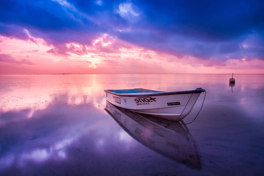 white and blue jon boat, beach, dawn, dusk, nature, ocean, reflection
