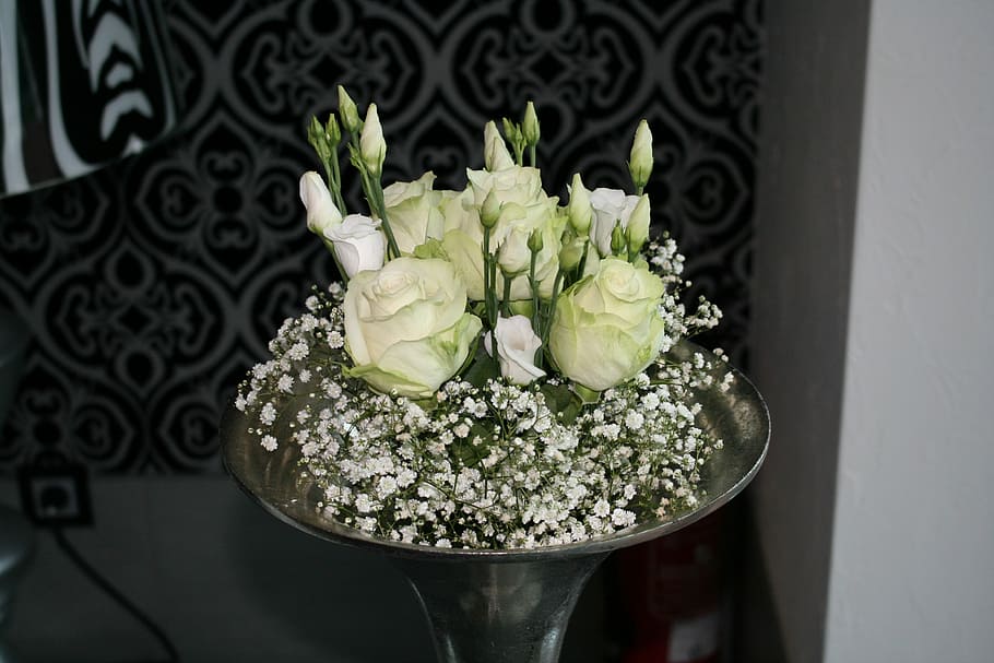 deco, rose, white, silver, wedding, floristry, white rose, flower HD wallpaper