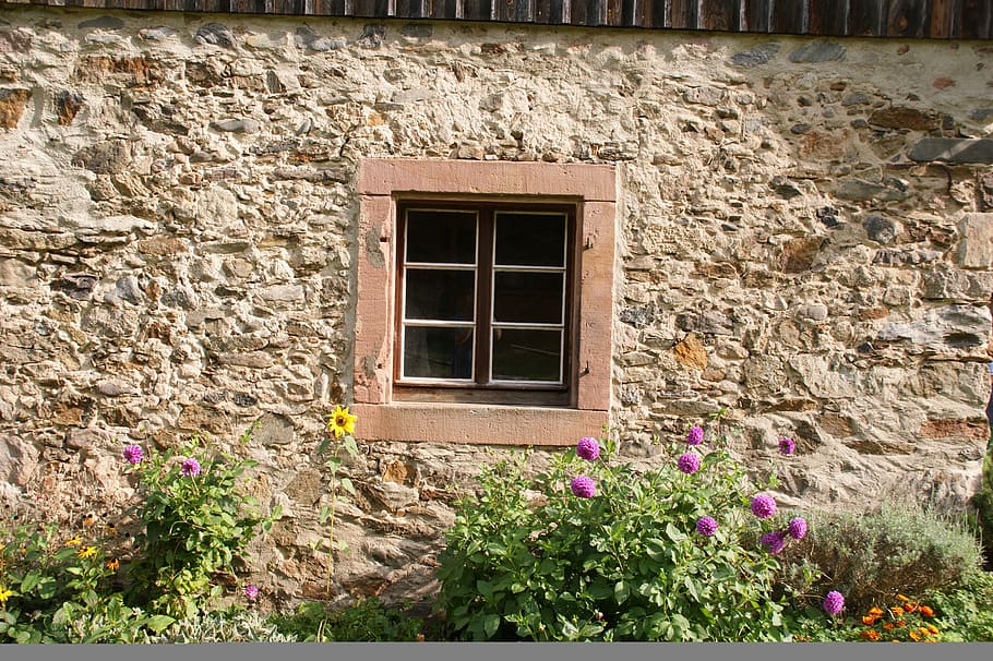 brown and beige stone wall with glass pane window, facade, background HD wallpaper