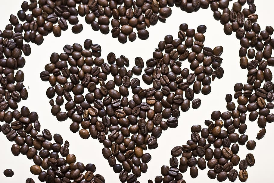 coffee beans, heart, aroma, beverages, brown, cafe, food, nutrition HD wallpaper
