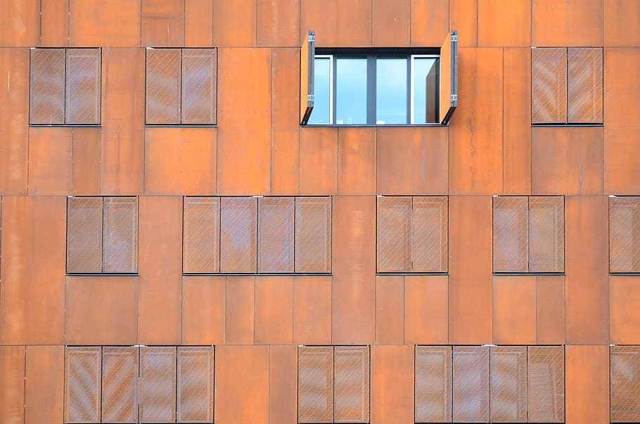 Building, Window, Grid, Facade, the architecture, rusty, orange HD wallpaper