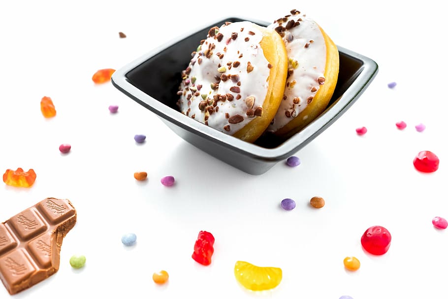 two baked doughnuts on bowl, food, dessert, sweet, donut, sprinkles, HD wallpaper