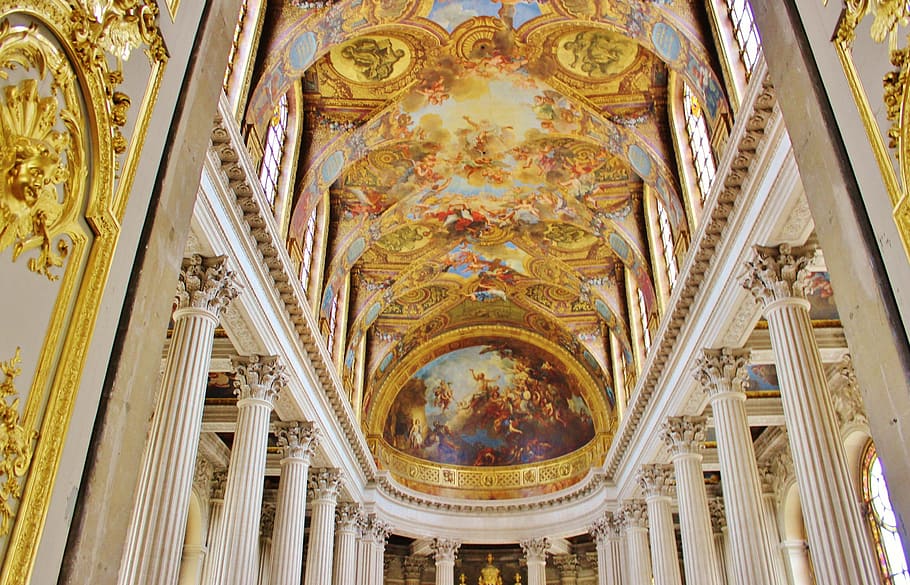 beige and white cathedral interior, paris, france, versailles
