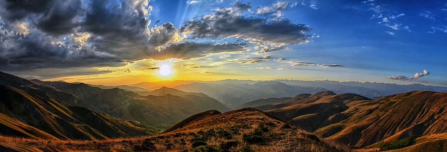 aerial photography of brown mountains under cloudy sky, clouds HD wallpaper