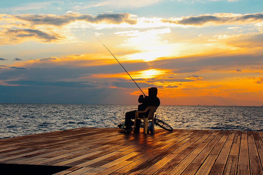 fishing, sea, dawn, nature, bay, beach, bicycle, clouds, dusk HD wallpaper