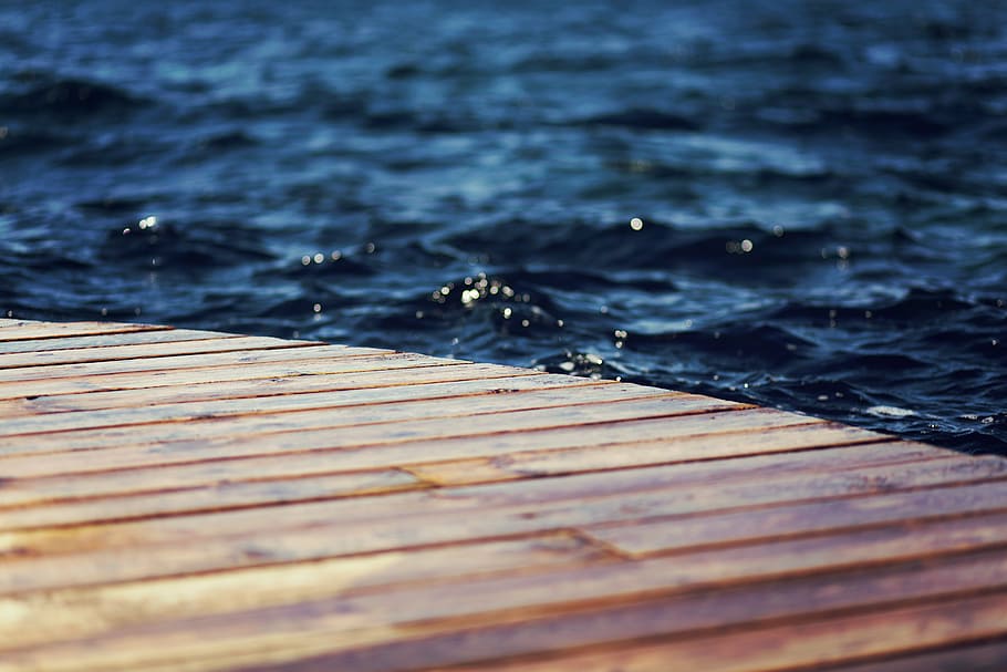 brown wooden dock on water, blue, body, waves, ripples, no people HD wallpaper