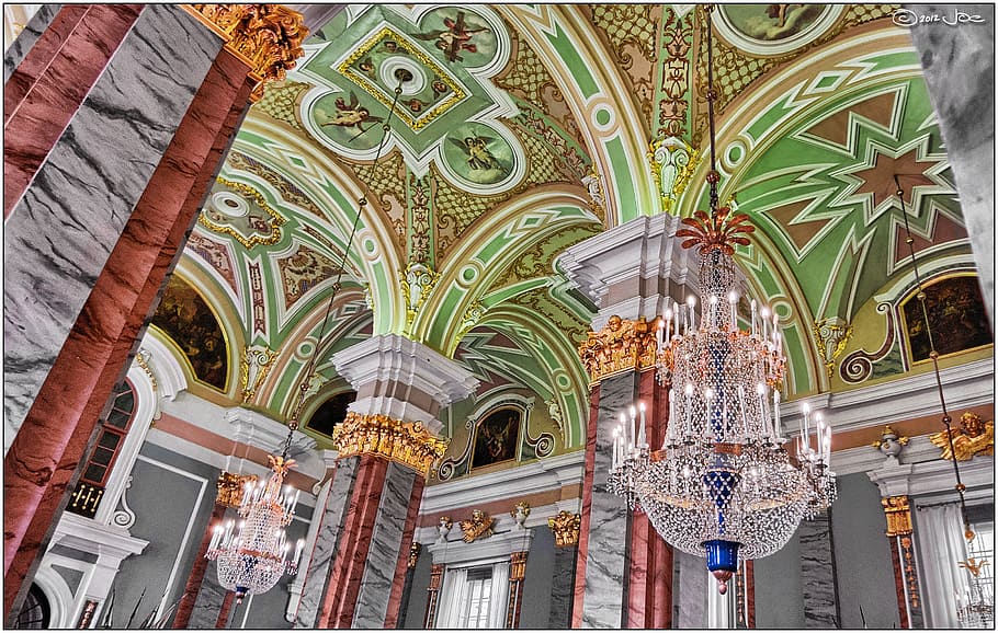 Black Metal Framed Glass Chandelier in a Building, arches, architecture HD wallpaper