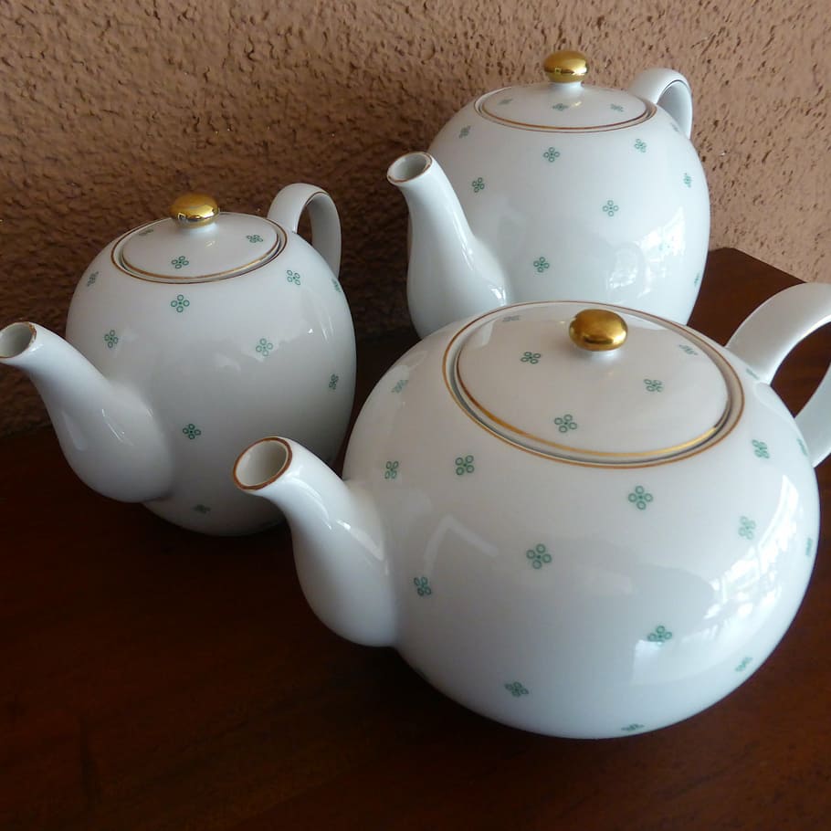 porcelain, tableware, coffee pot, teapot, green, white, gold edge HD wallpaper